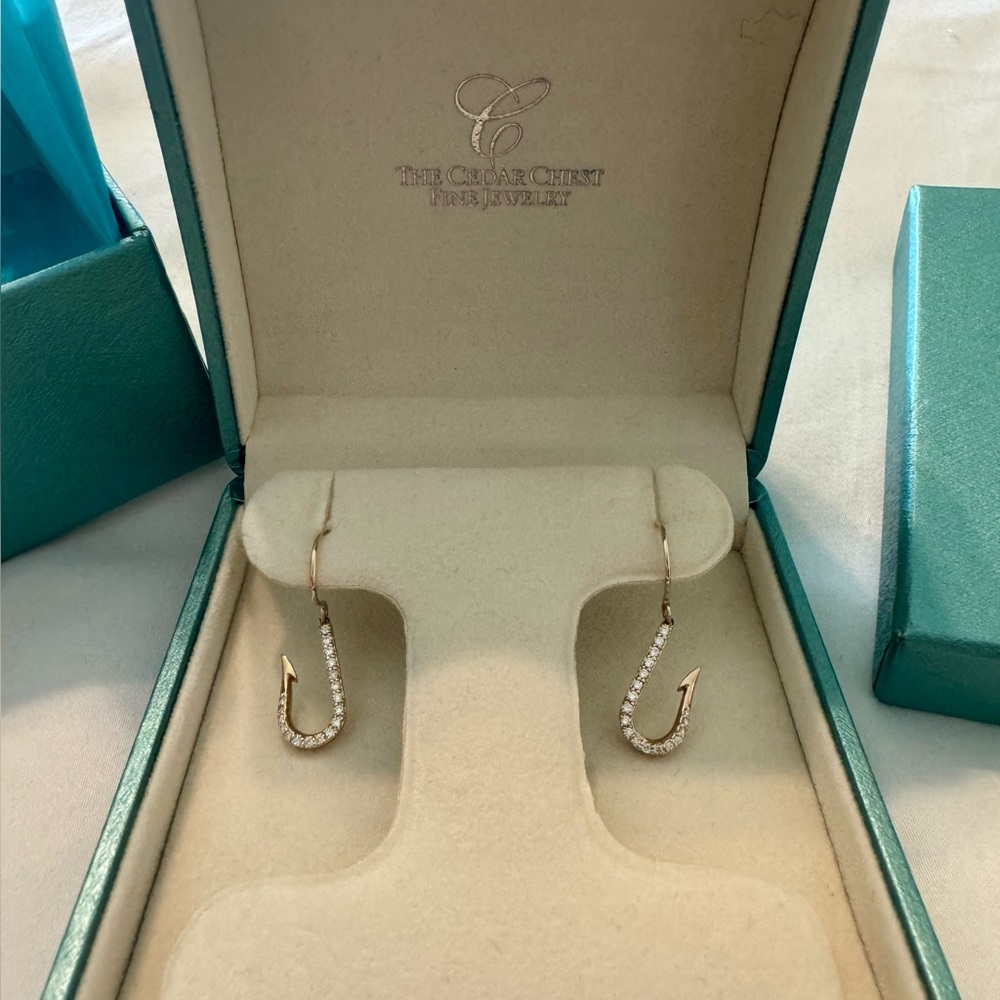 $600 OFF!! Diamond Fish Hook Earrings 14Kt Yellow Gold